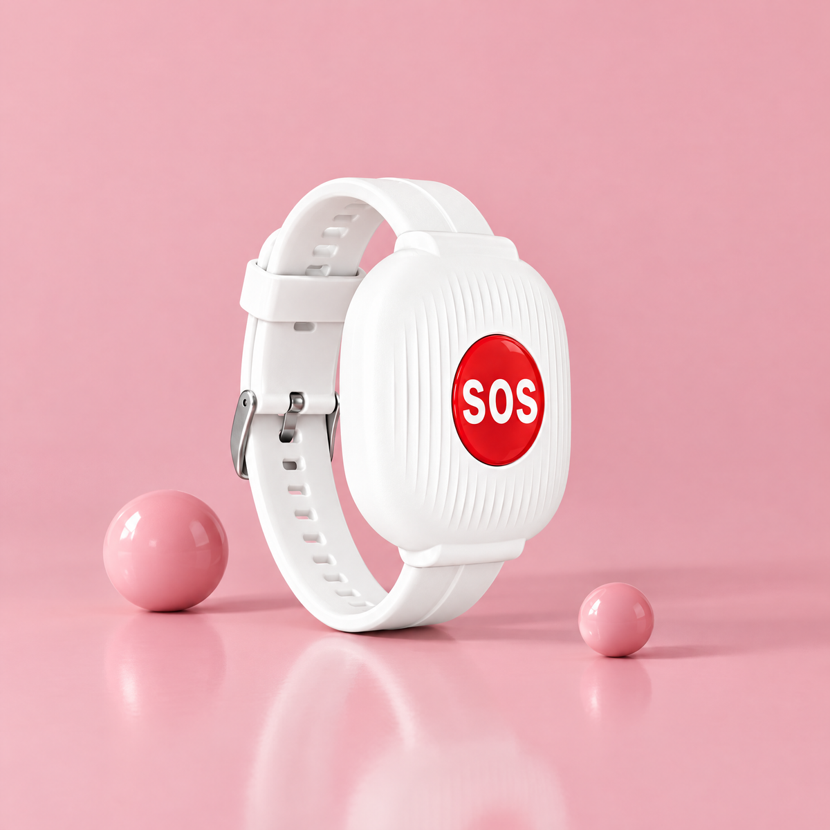 Pulsera SOS SafePulse sobre fondo rojo pastel